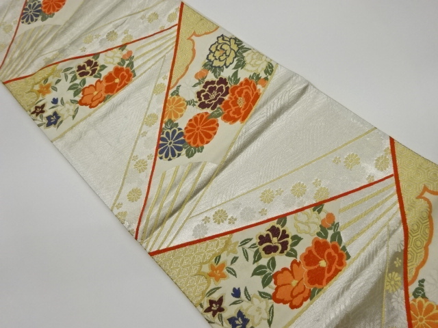 リサイクル　扇に花々模様織出し袋帯